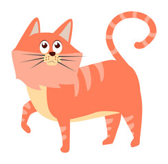 Striped red cat. Walking fluffy animal in cartoon style