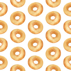Hand drawn watercolor bagels seamless pattern on white background. Wrapping paper with donuts. Cute and simple fabric or wallpaper print. Sweet baked food