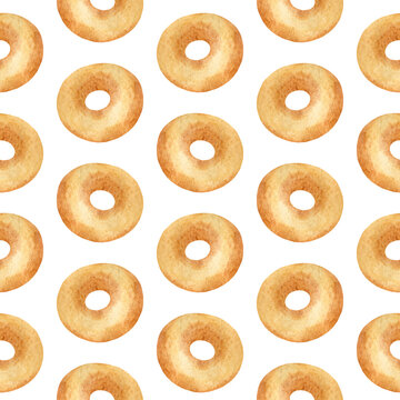 Hand drawn watercolor bagels seamless pattern on white background. Wrapping paper with donuts. Cute and simple fabric or wallpaper print. Sweet baked food