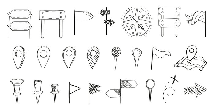 Map pins sign vector set. Hand drawn location icon in doodle syle. Sketch flag vector set.