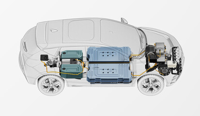 Electric car technical cutaway 3d rendering.