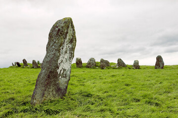 Beltany prehistoric stone circle. Raphoe, Donegal, Ireland. Neolithic and Bronze Age ritual site 2100-700 BC. Outlier with the S.E. quadrant behind - obrazy, fototapety, plakaty