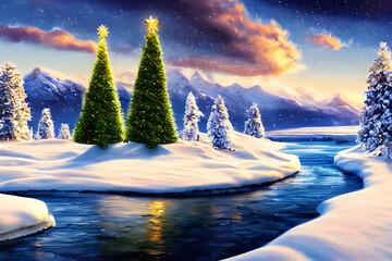 beautiful panoramic landscape with a christmas tree, forest, frozen river and snowy mountains - oil painting - illustration