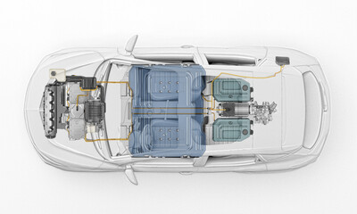 Electric car technical cutaway 3d rendering. Top view.