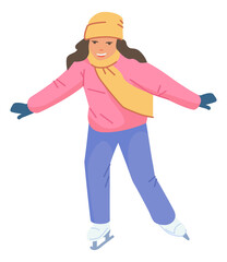 Happy girl ice skating. Kid in winter clothes. Cheerful character