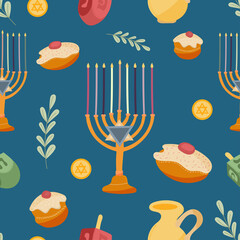 Happy Hanukkah seamless pattern, Jewish Festival of Lights background for greeting card, invitation, banner, raster version