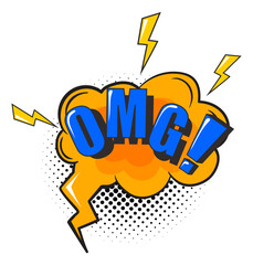 Omg in comic speech bubble with halftone effect shadow