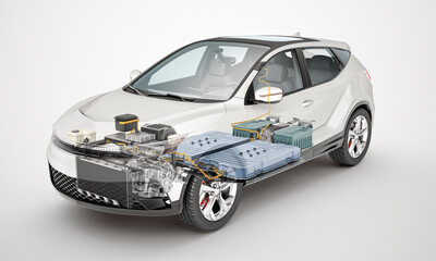 Electric car technical cutaway 3d rendering.