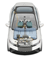 Electric car technical cutaway 3d rendering. Front view. - obrazy, fototapety, plakaty