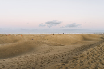 Fototapeta na wymiar Dunes full of tourists on the Maspalomas beach in Gran Canaria