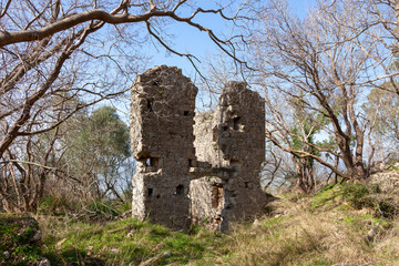 Ruderi di antico borgo medievale, mura di antico monastero nel bosco tra gli alberi spogli
