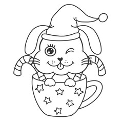 ฺSanta bunny in the stars cup coloring page. On transparent backgound. Printable with high quality.