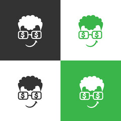 Faces with dollars in the eyes and smile in shape of arrow up