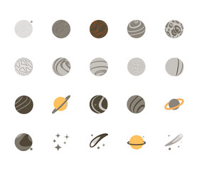 set of planets, meteors doodle colorful vector  