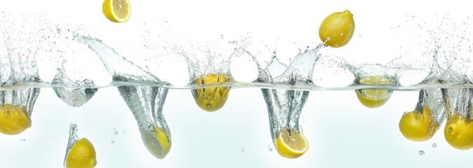 Many lemons splashing in water.