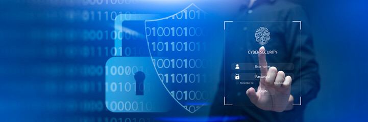 Person touching virtual screen to scan fingerprints, digital transformation management concept. Internet of Things, Big Data and Business Processes, Automation, Storage Systems, Cloud Computing