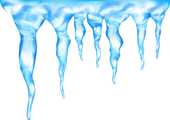 Group of light blue realistic icicles of different lengths, connected at the top - obrazy, fototapety, plakaty