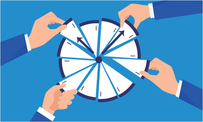 時間の奪い合いのイメージイラスト、分かれた時計と手、ベクター