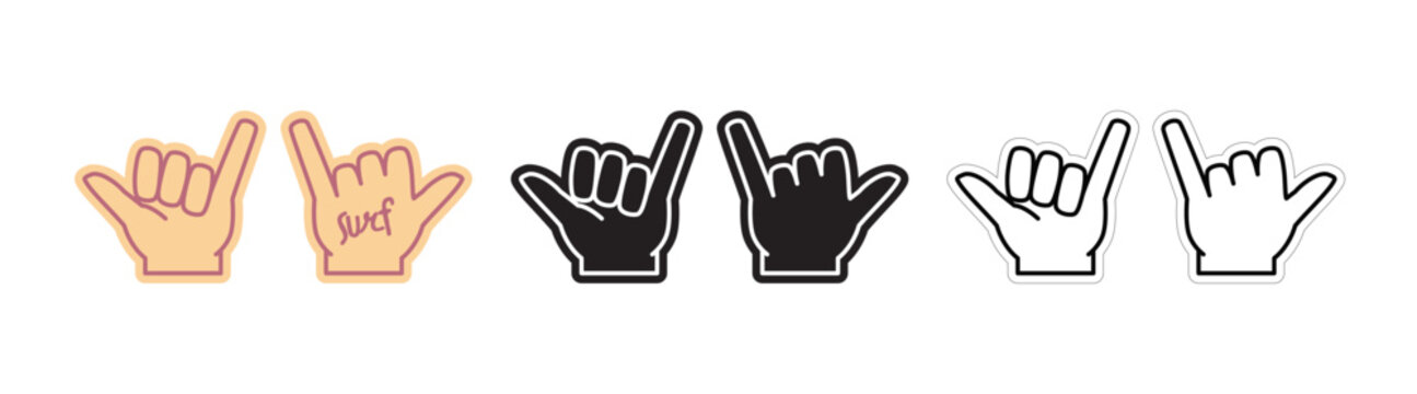 Shaka Surf Foam Fan Finger Template Set. Surfing Fan Gesture, Outline Symbol in Different Colors, Vector EPS With Editable Stroke. Design For Music Festivals, Menus, Surf Camps, T Shirts and More. 