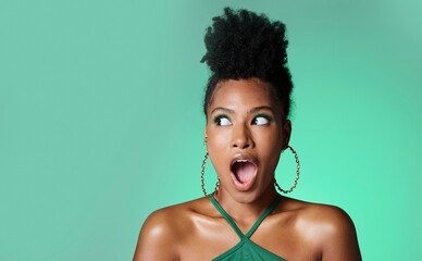 Surprise, trendy black woman and green studio background portrait with wow secret and style. Fashion and african american female makeup girl with deal, discount and gossip smile with mockup space