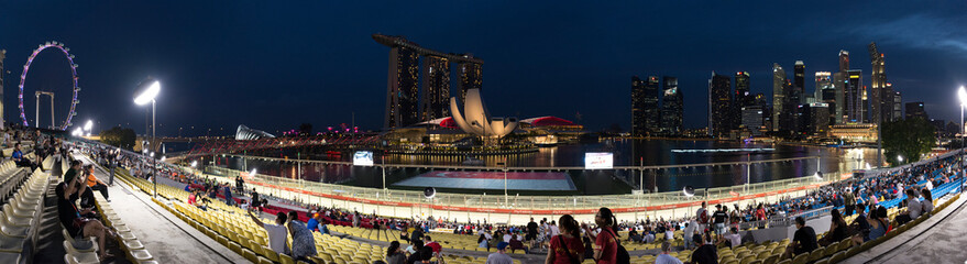 A panorama of Marina bay - Singapore
I take this photo at Formula 1 Singapore Grand Prix in 2017. Its capture many popular place of Singapore in one picture. - obrazy, fototapety, plakaty