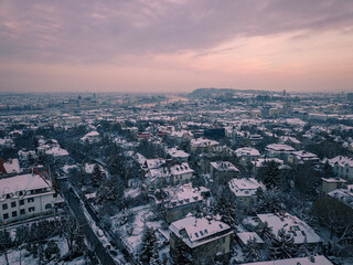 aerial view over the city in winter time