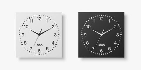 Vector 3d Realistic White, Black Square Wall Office Clock Set, Design Template Isolated on White. Dial with Roman Numerals. Mock-up of Wall Clock for Branding and Advertise Isolated. Clock Face Design