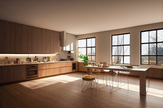 3D render of an architectural visualization of a modern kitchen