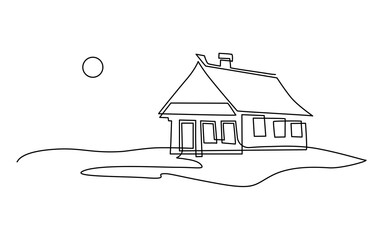 Small lonely wooden house in the field. Landscape at sunset Continuous line drawing illustration. - 535854241