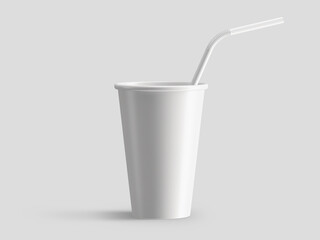 Paper coffee takeaway cup mockup template with straw, isolated on light grey background.