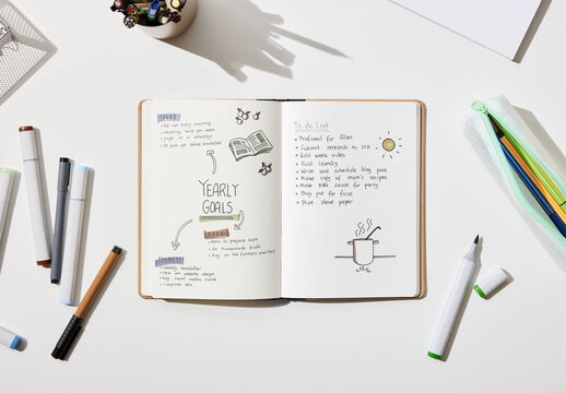 Overhead Image of a Notebook Mockup with Pens
