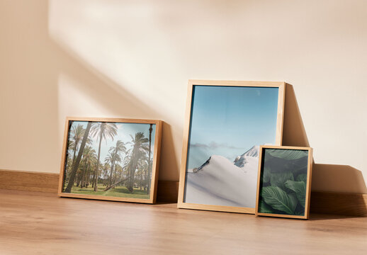 Three Frames Mockup on a Wooden Floor