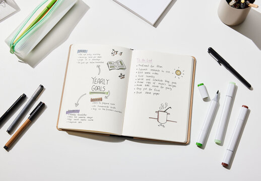 Notebook Mockup on White Desktop with Sketching Pens