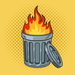 fire in trash can barrel pinup pop art retro vector illustration. Comic book style imitation.