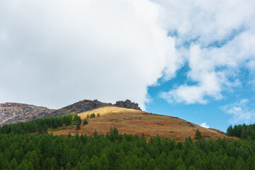 Scenic motley autumn landscape with coniferous forest on steep slope with of high mountain with old outliers on top in sunlight under cloudy sky. Vivid autumn colors in mountains in changeable weather