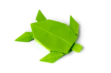 Green paper turtle origami isolated on a white background