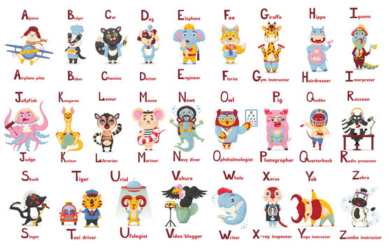 ABC latin alphabet cute animal professions letter a-z in flat cartoon style
