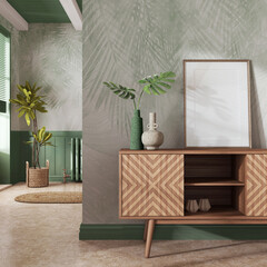 Japandi living room in green and beige tones. Wooden chest of drawers with frame mockup. Marble floor and wallpaper. Modern interior design