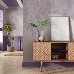 Japandi living room in purple and beige tones. Wooden chest of drawers with frame mockup. Marble floor and wallpaper. Modern interior design