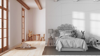 Architect interior designer concept: hand-drawn draft unfinished project that becomes real, farmhouse children bedroom. Single bed and parquet floor. Japandi style