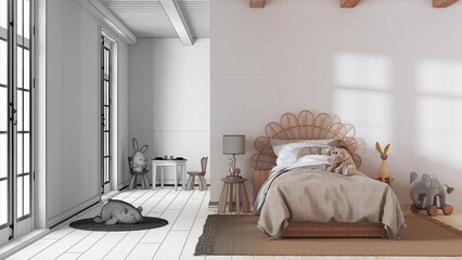 Architect interior designer concept: hand-drawn draft unfinished project that becomes real, farmhouse children bedroom. Single bed and parquet floor. Japandi style