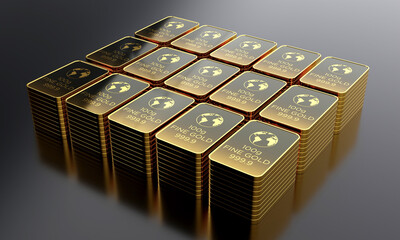 Gold Biscuits isolated on dark luxurious background, 10g bar , premium illustration. 3D Rendering