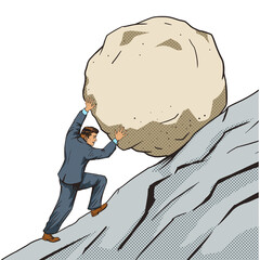Businessman pushing a stone uphill pop art PNG illustration with transparent background