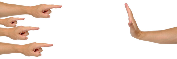 Hands white background.Concept accusation and denial, attack and defense.Palm and hands with index finger.