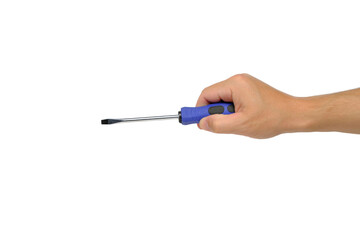 Man hand holds screwdriver, an isolate on white background.