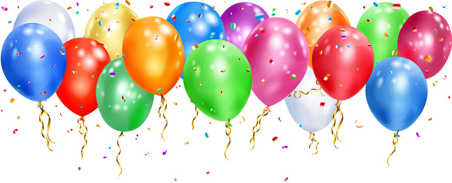 Fototapeta Group of colorful balloons with ribbons and shiny pieces of serpentine