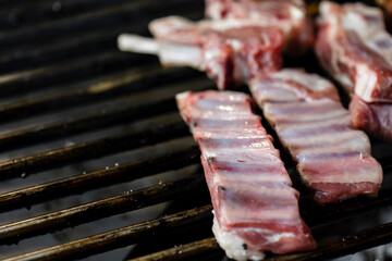 Closeup of grilling pork ribs, homemade barbecue.