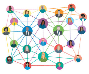 Abstract social network scheme that contains icons of people ethnically diverse and mixed age connected to each other. Vector illustration isolated on white background.