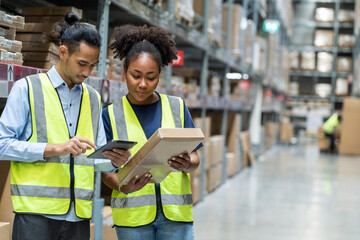 African American female worker and an Asian male colleague wear safety uniforms to work together,...