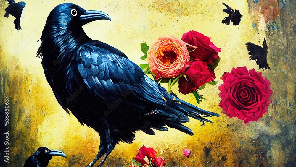 Sticker Illustration of a ravens and roses